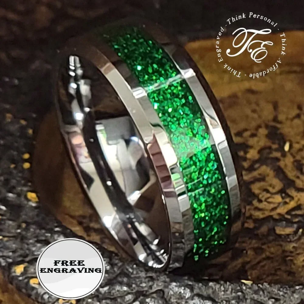 Personalized Men's Green Emerald Galaxy Tungsten Promise Ring or Wedding Ring